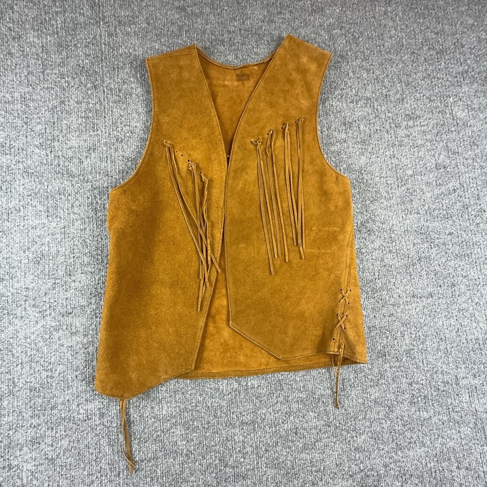 Suede Fringe Vest Mens leather Medium Brown Western Open Front Cowboy Biker